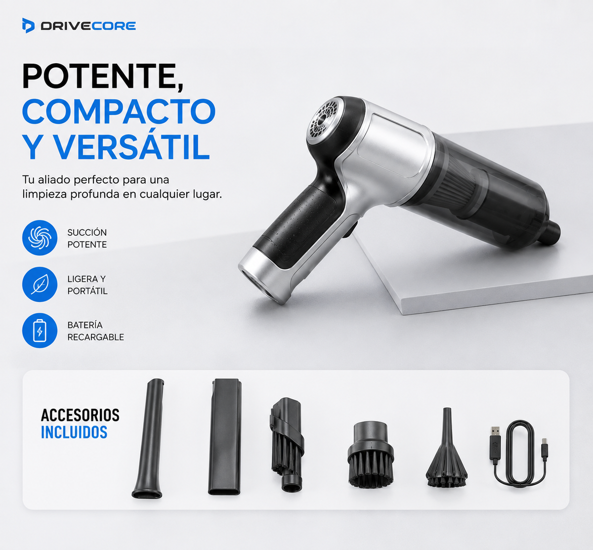 Aspirador inalámbrico DriveCore con los accesorios incluidos: boquilla larga, boquilla plana, tubo flexible, cepillo redondo y cepillo de abanico