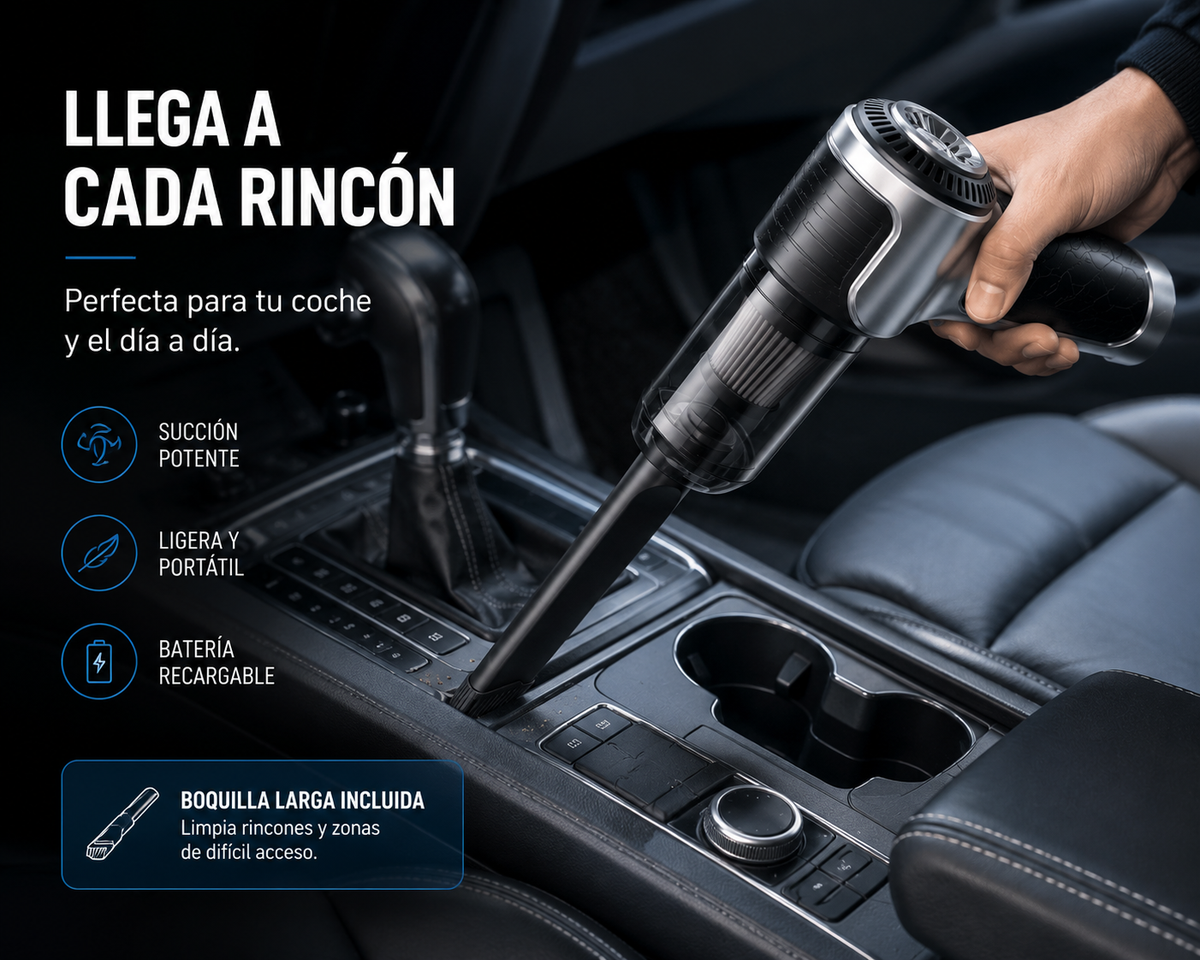 Aspirador inalámbrico DriveCore limpiando la consola central de un coche con la boquilla larga