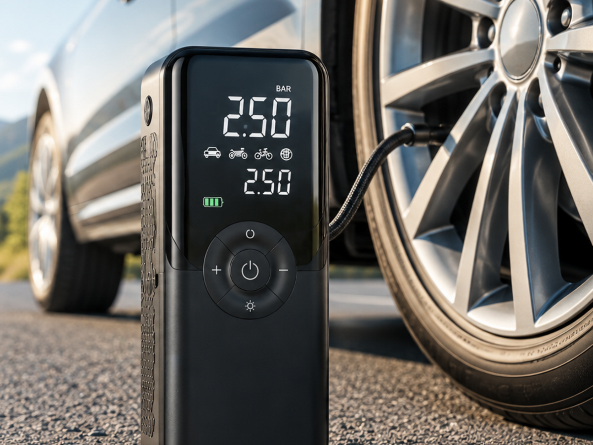 Inflador portátil DriveCore conectado a la rueda de un coche en una carretera de montaña