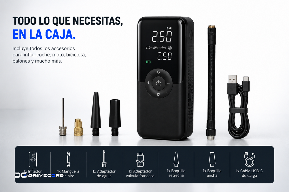 Contenido de la caja del inflador DriveCore: manguera, adaptadores, boquillas y cable USB-C