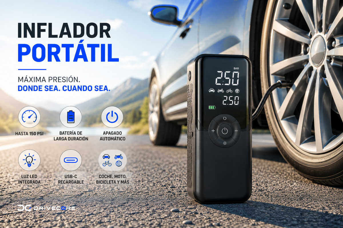 Inflador portátil DriveCore inflando el neumático de un coche en carretera