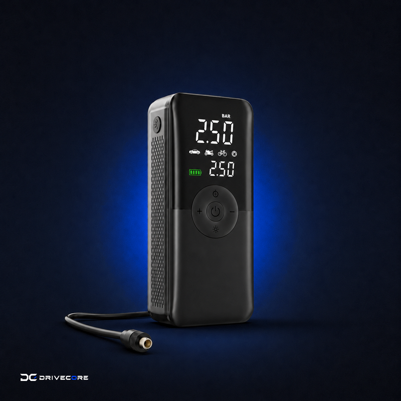 Inflador portátil DriveCore sobre fondo oscuro con la pantalla encendida marcando 2.50 BAR