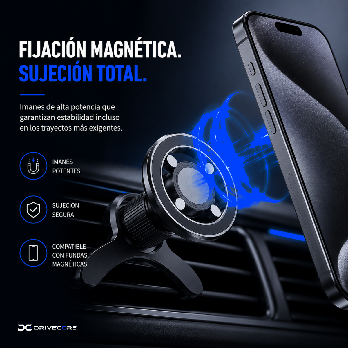Soporte magnético DriveCore sujetando un iPhone por fijación magnética