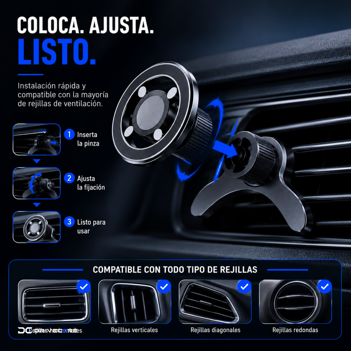 Montaje del soporte magnético DriveCore en tres pasos sobre la rejilla